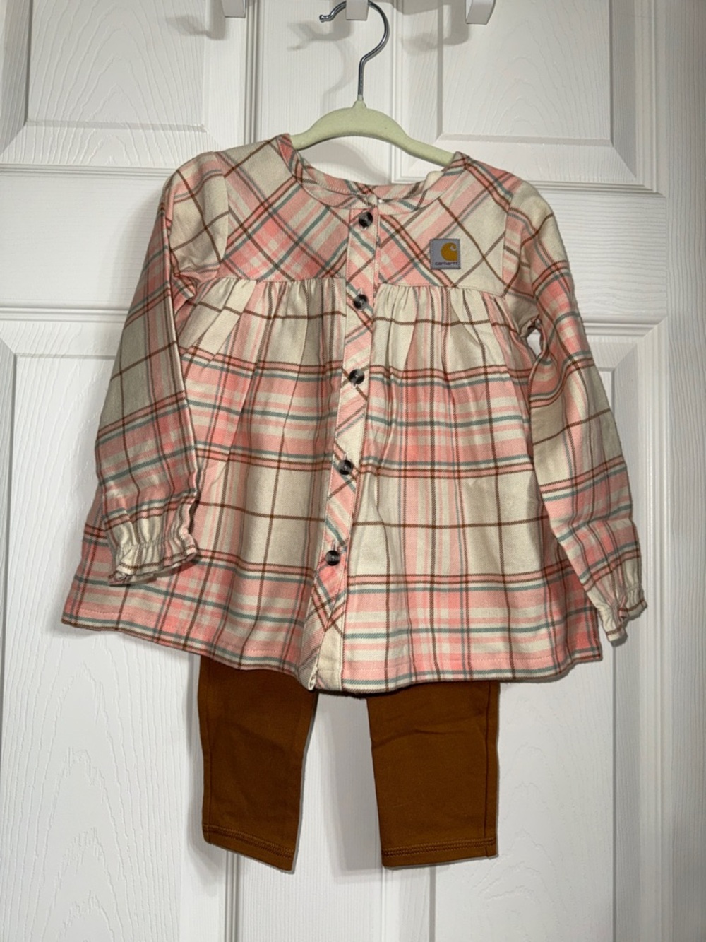 Carhartt Girls Pink and Cream Plaid Button-Up Tunic & leggings set